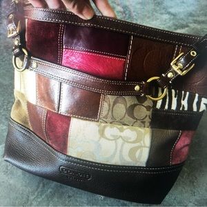 Authentic Coach 10434 Holiday Patchwork Bucket Tote Leather Handbag